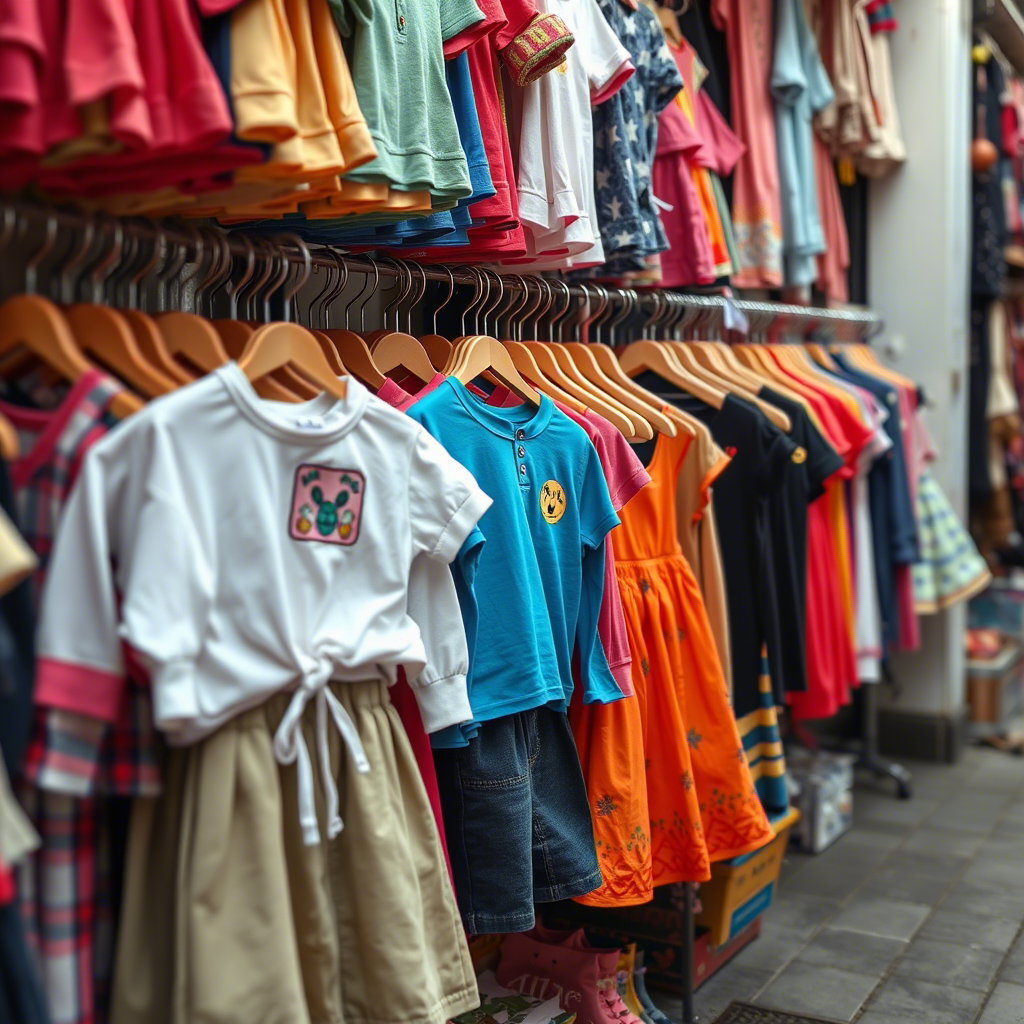 Colorful children’s clothing displayed on a wholesale market stall