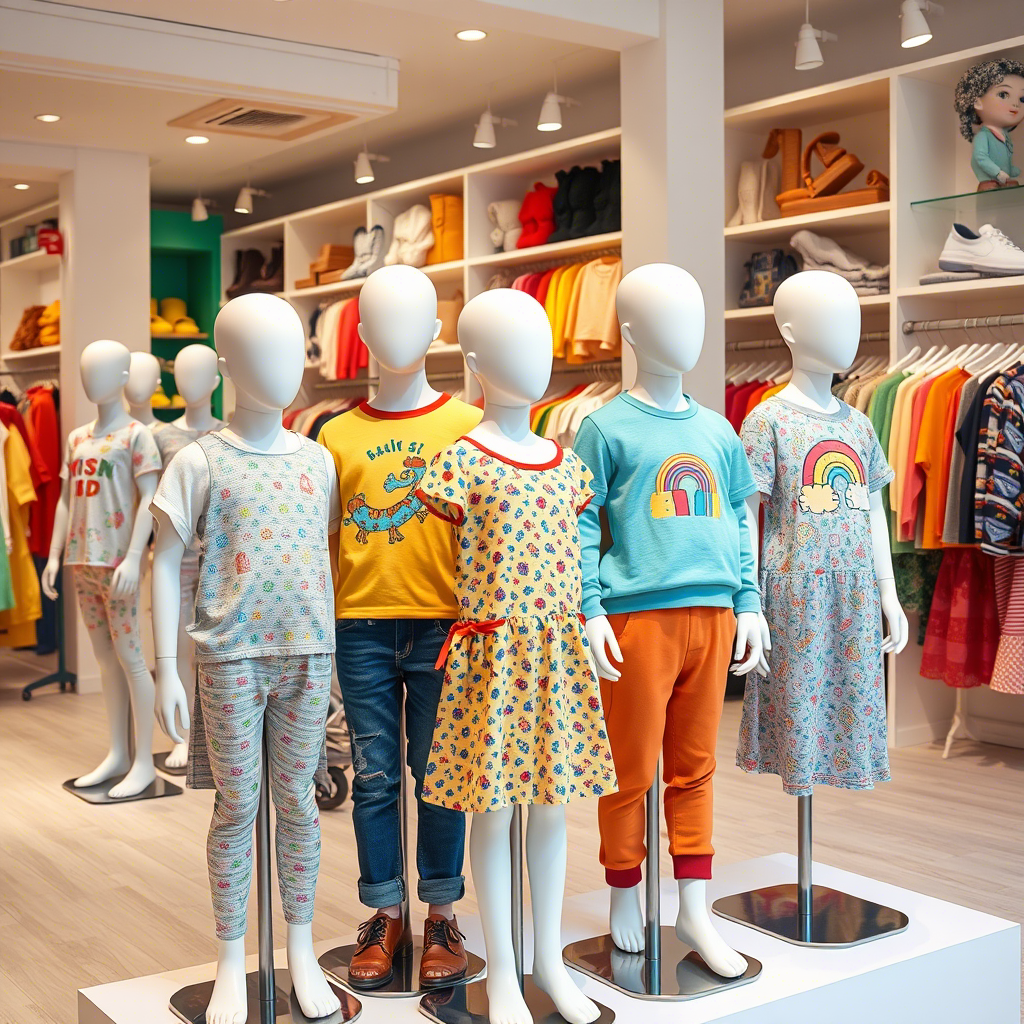 Colorful children’s clothing displayed on mannequins in a trendy shop