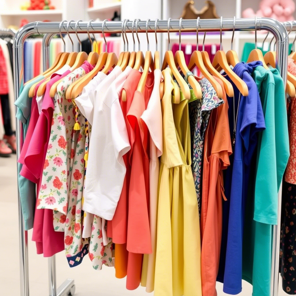 Colorful children’s clothing hanging on a boutique rack