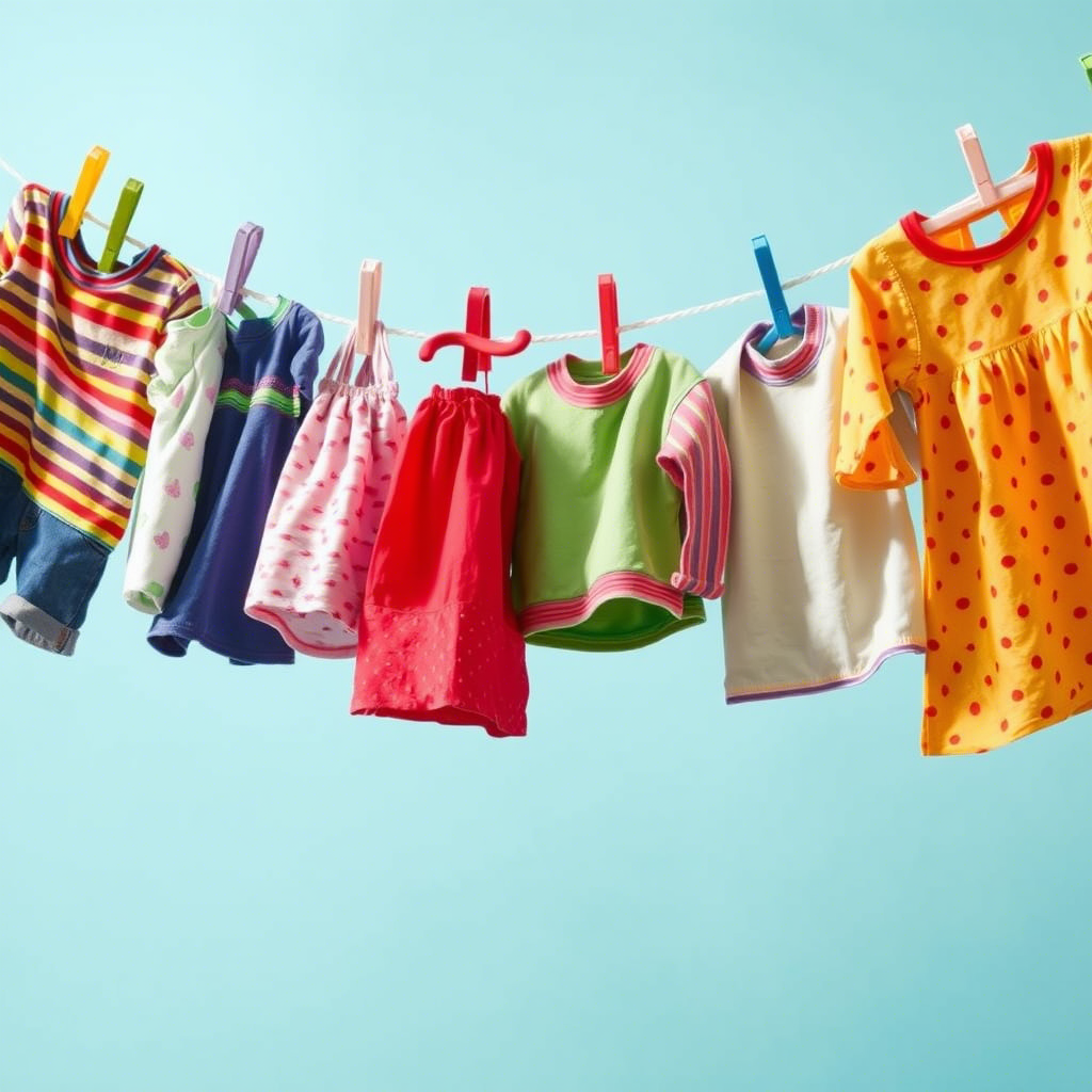 Colorful children’s clothing hanging on a clothesline