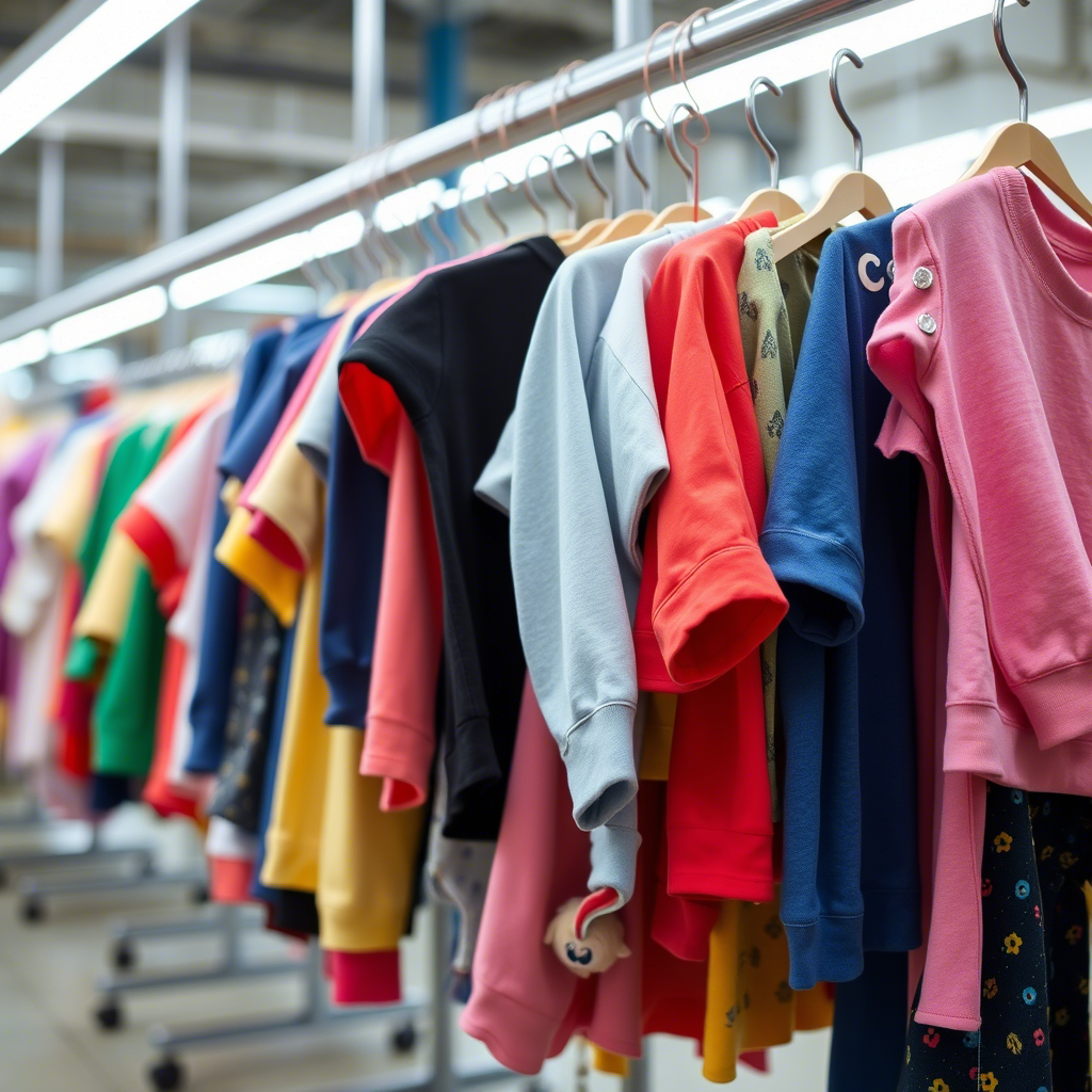 Colorful children’s clothing hanging on a rack in a factory