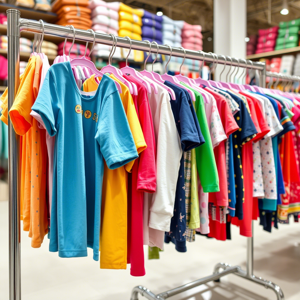 Colorful children’s clothing hanging on a rack in a wholesale showroom