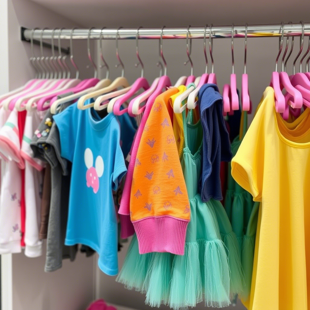 Colorful children’s clothing hanging on a store rack
