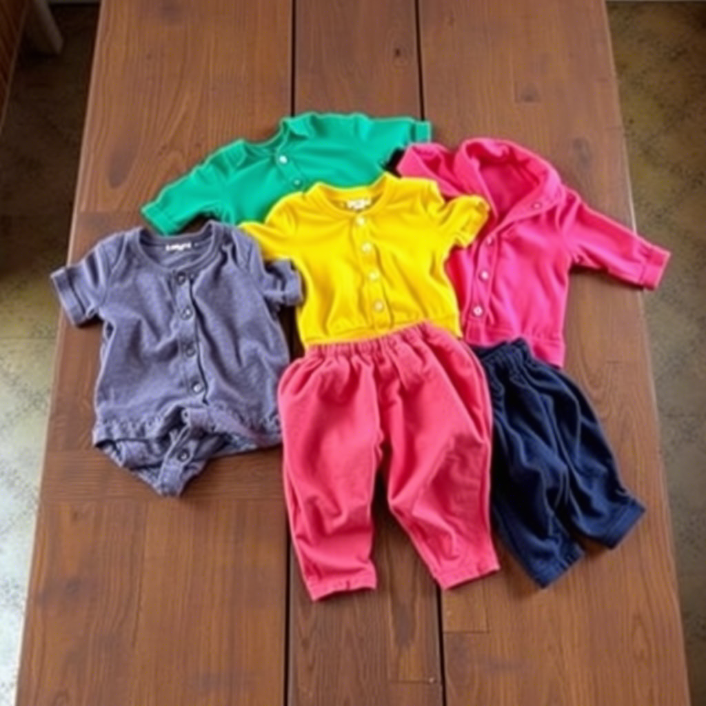 Colorful children’s clothing laid out on a rustic wooden table