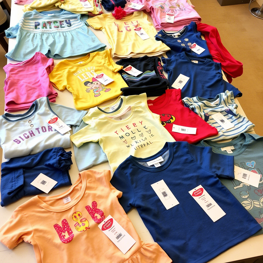 Colorful children’s clothing laid out on a table with wholesale price tags