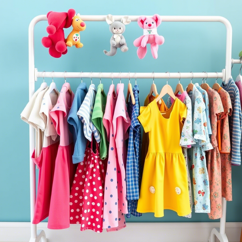 Colorful children’s clothing rack with playful outfits