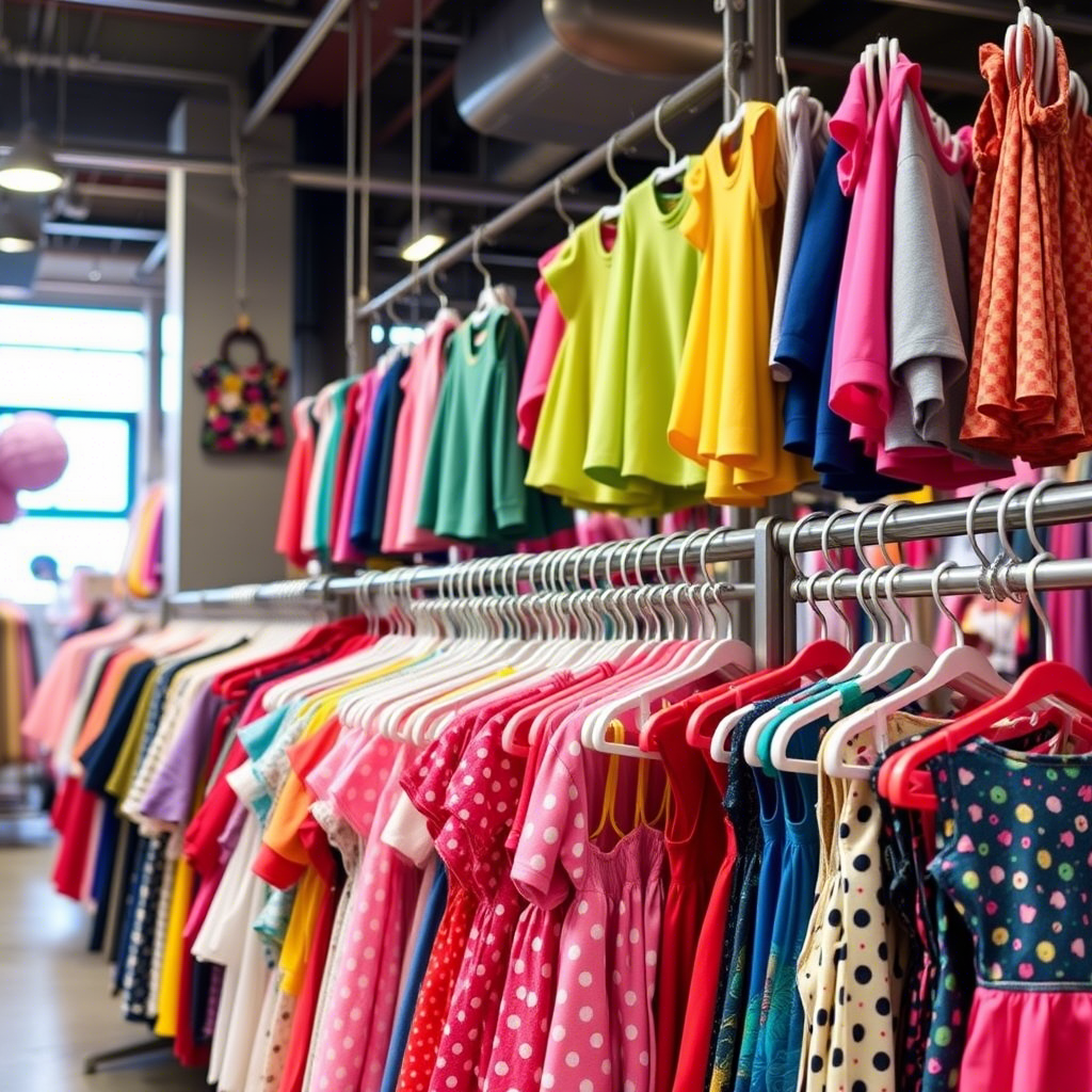 Colorful children’s clothing racks at a bustling USA wholesale fashion market