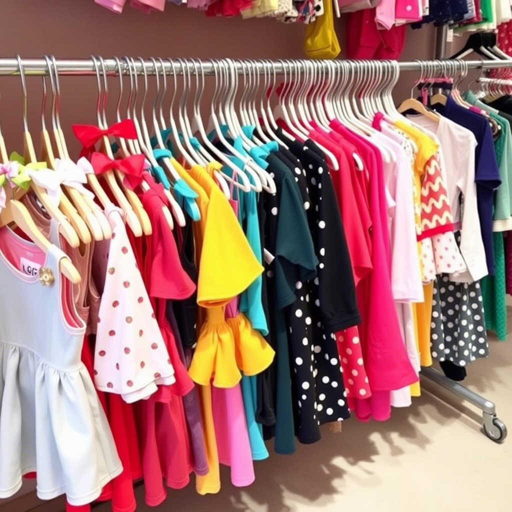 Colorful children's clothing racks filled with various stylish outfits for sale