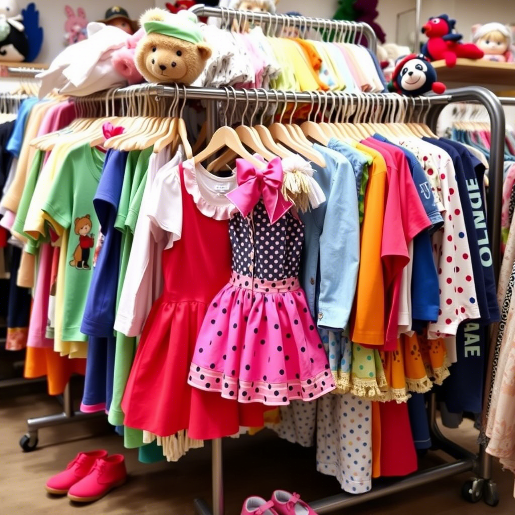 Colorful children’s clothing racks with various boy and girl outfits