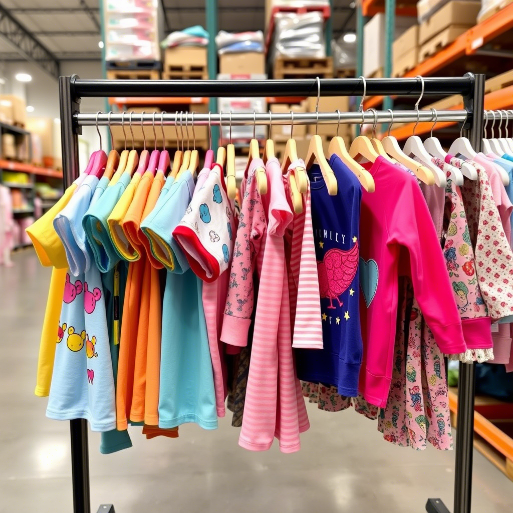 Colorful children’s clothing with fun designs hanging on a rack in a warehouse