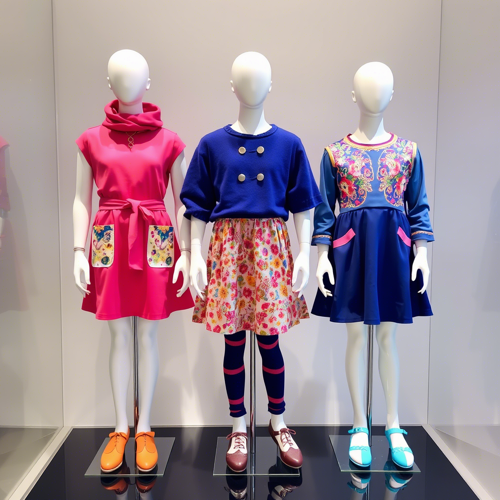 Colorful children’s fashion wear displayed on mannequins