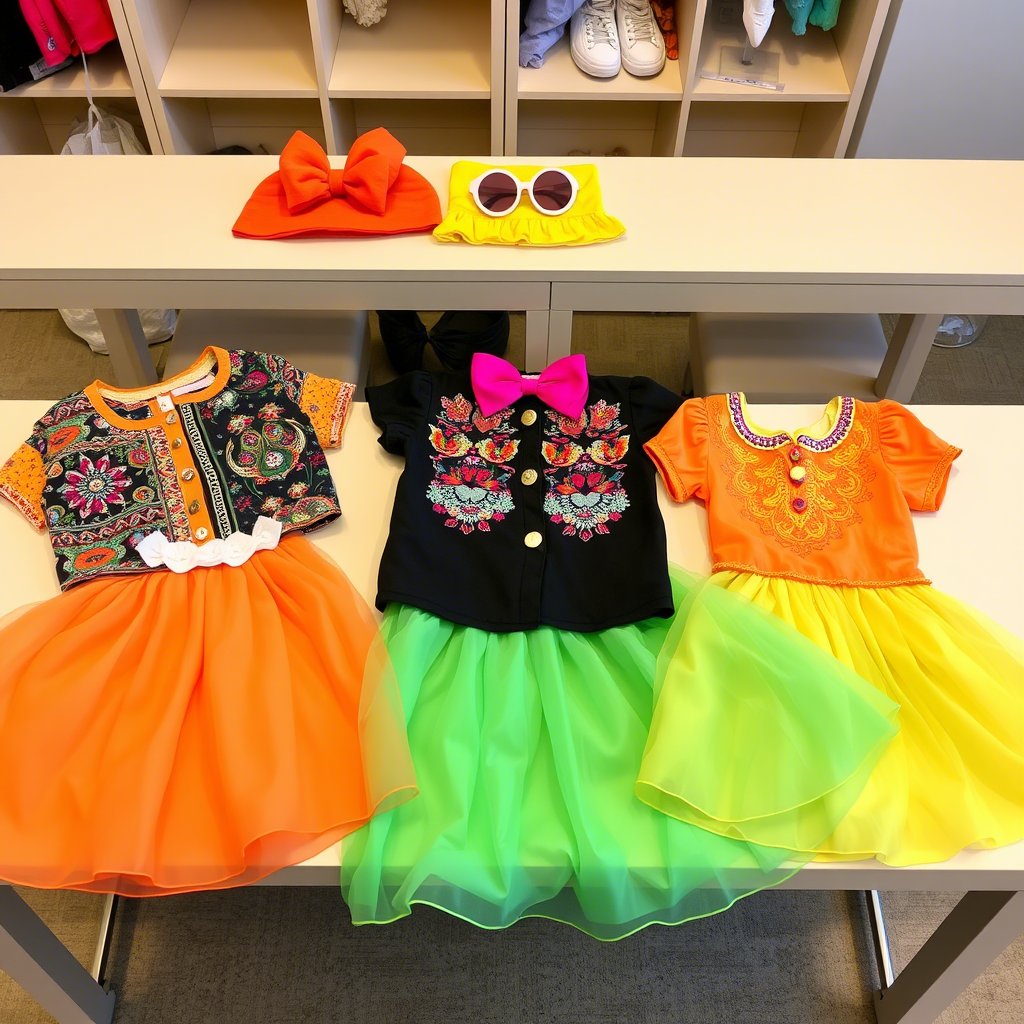 Colorful children’s fashion wear laid out on a table