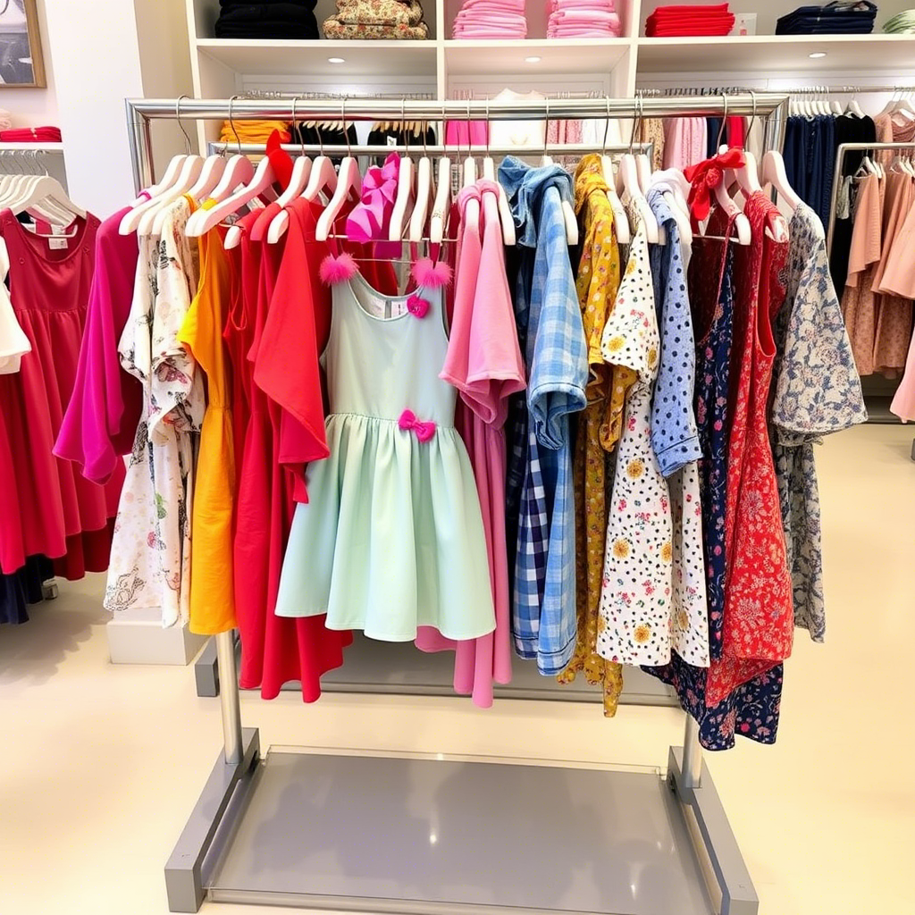 Colorful children’s outfits arranged on a boutique store rack