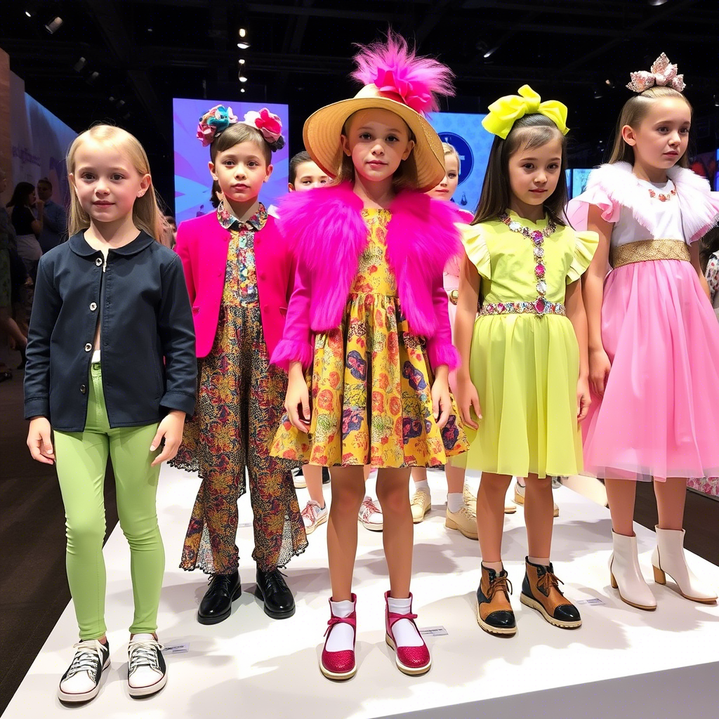 Colorful children’s outfits displayed at a USA fashion expo