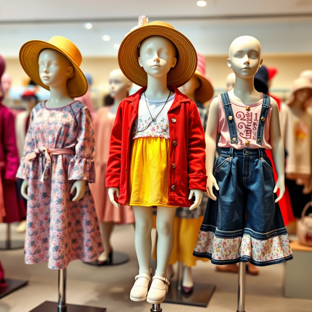 Colorful children’s outfits displayed on a fashion store mannequin