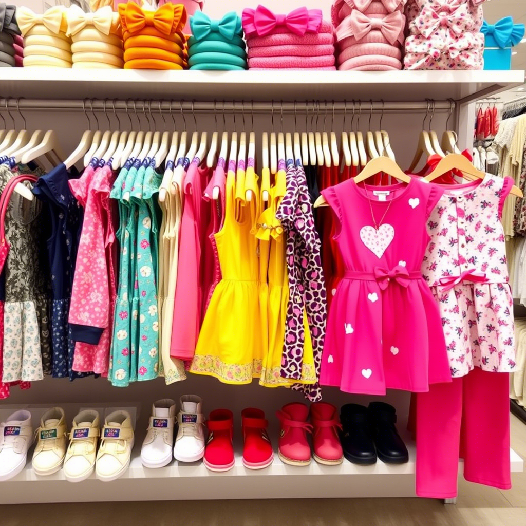 Colorful children's outfits displayed on a store shelf