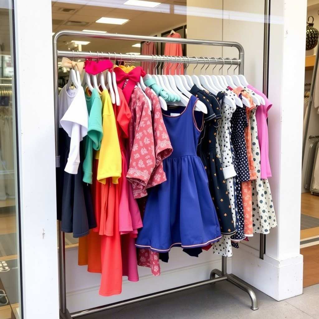 Colorful children's outfits displayed on a storefront rack