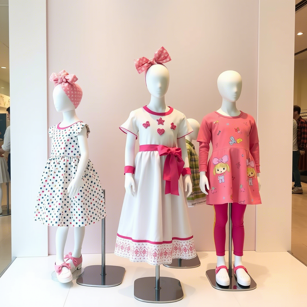 Colorful children’s outfits displayed on mannequins for a fashion brand