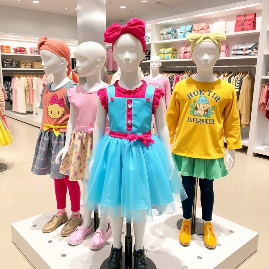 Colorful children’s outfits displayed on mannequins in a retail store