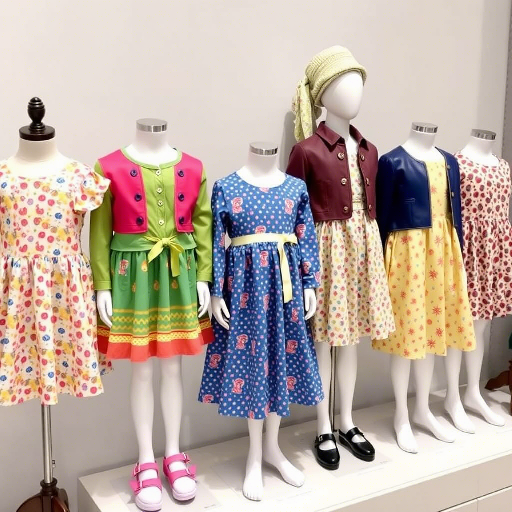Colorful children’s outfits displayed on mannequins