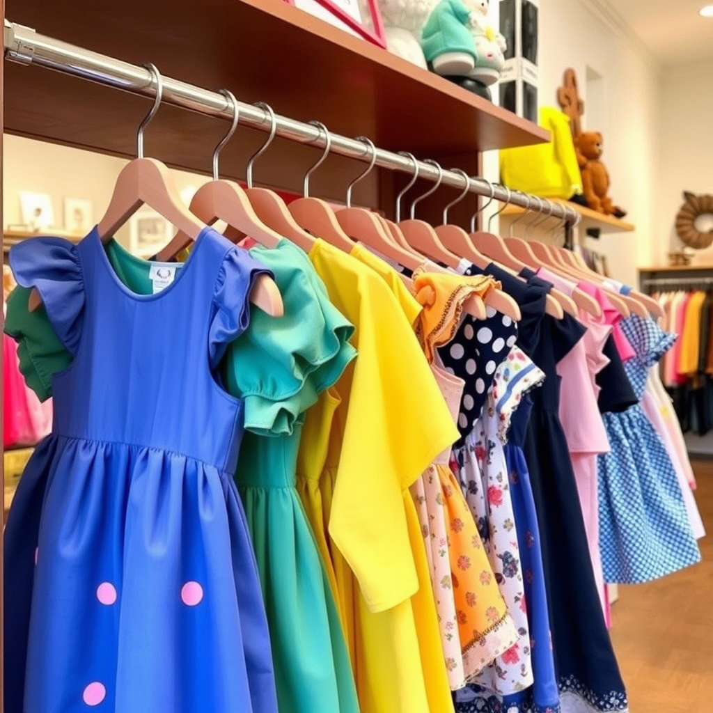 Colorful children’s outfits hanging on a rack in a trendy boutique