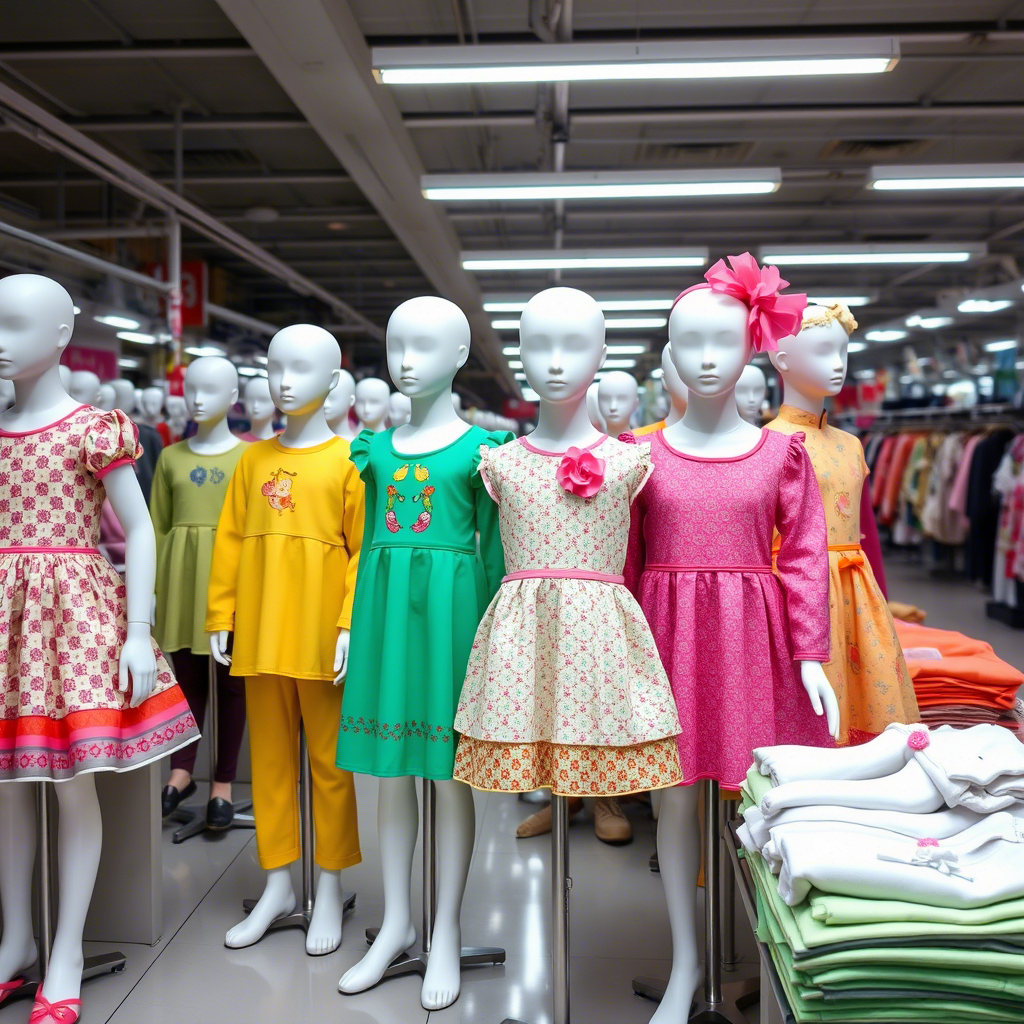 Colorful children’s outfits on mannequins at a Chinese clothing factory