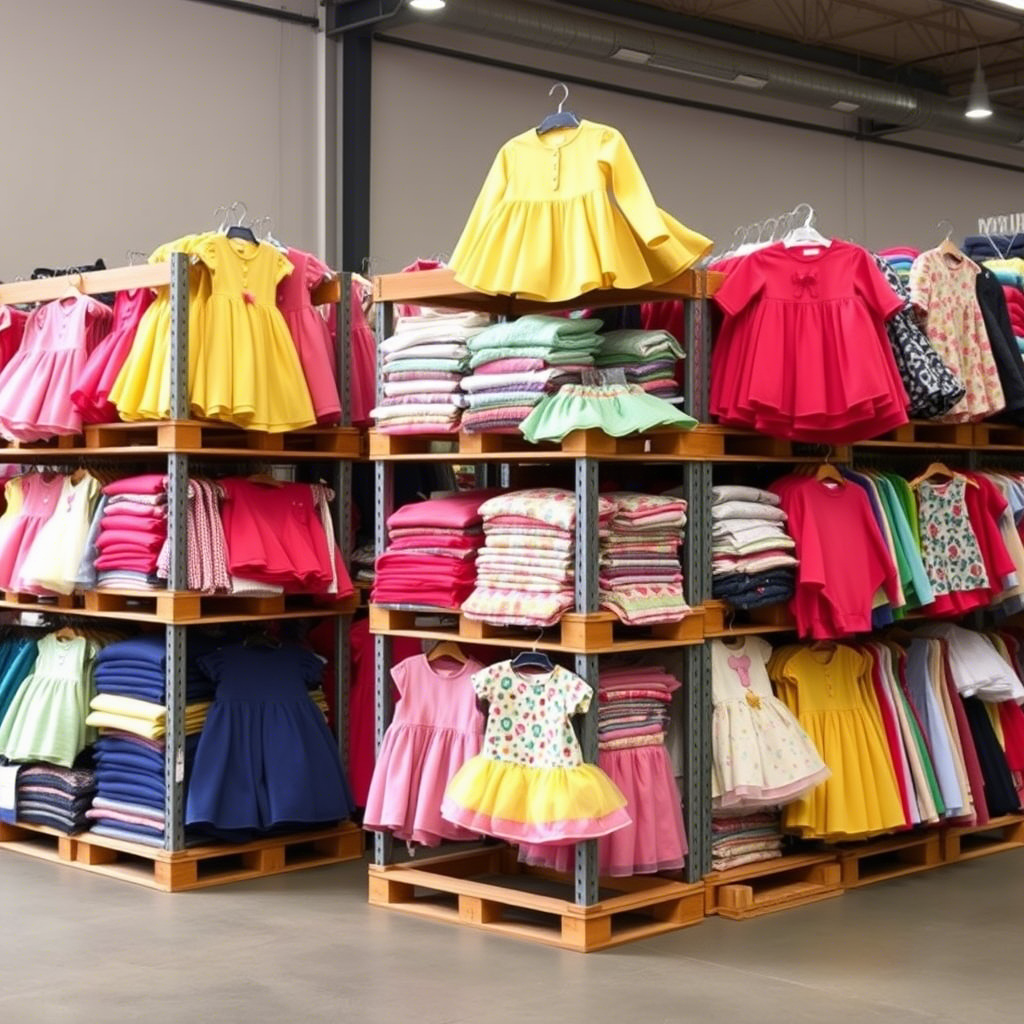 Colorful children's outfits stacked in a warehouse for online resellers