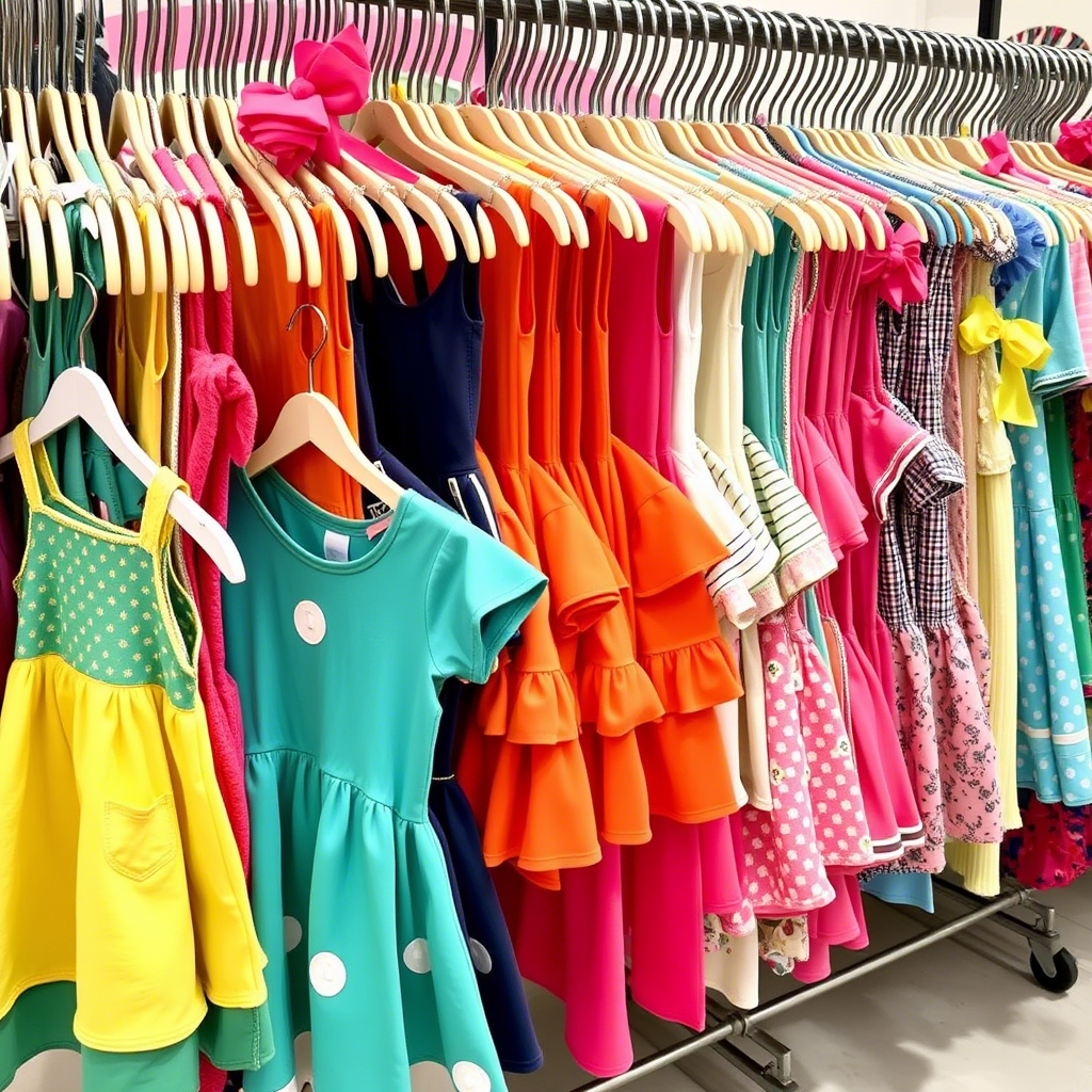 Colorful children’s outfits stacked on a wholesale clothing rack