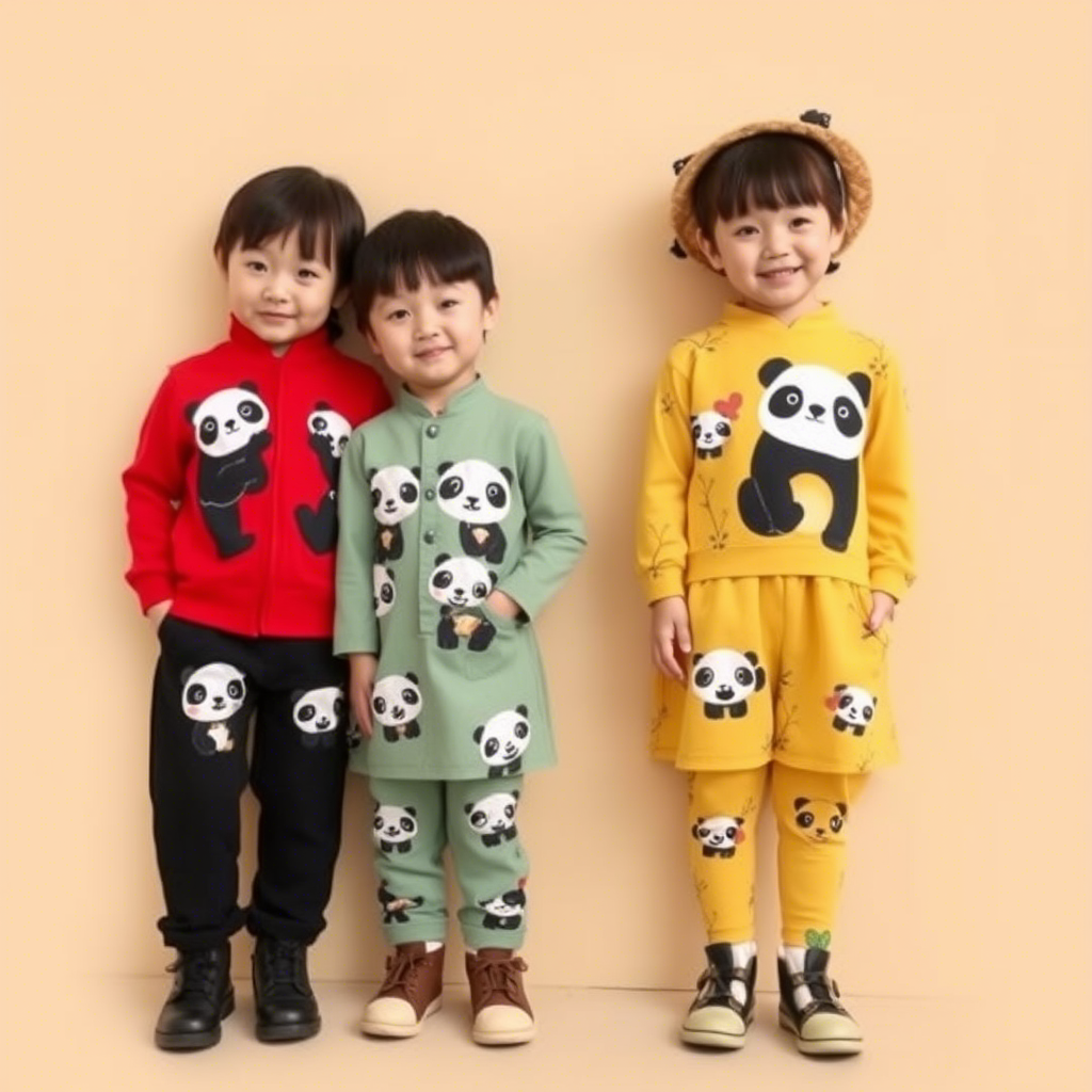 Colorful children’s outfits with panda prints from China