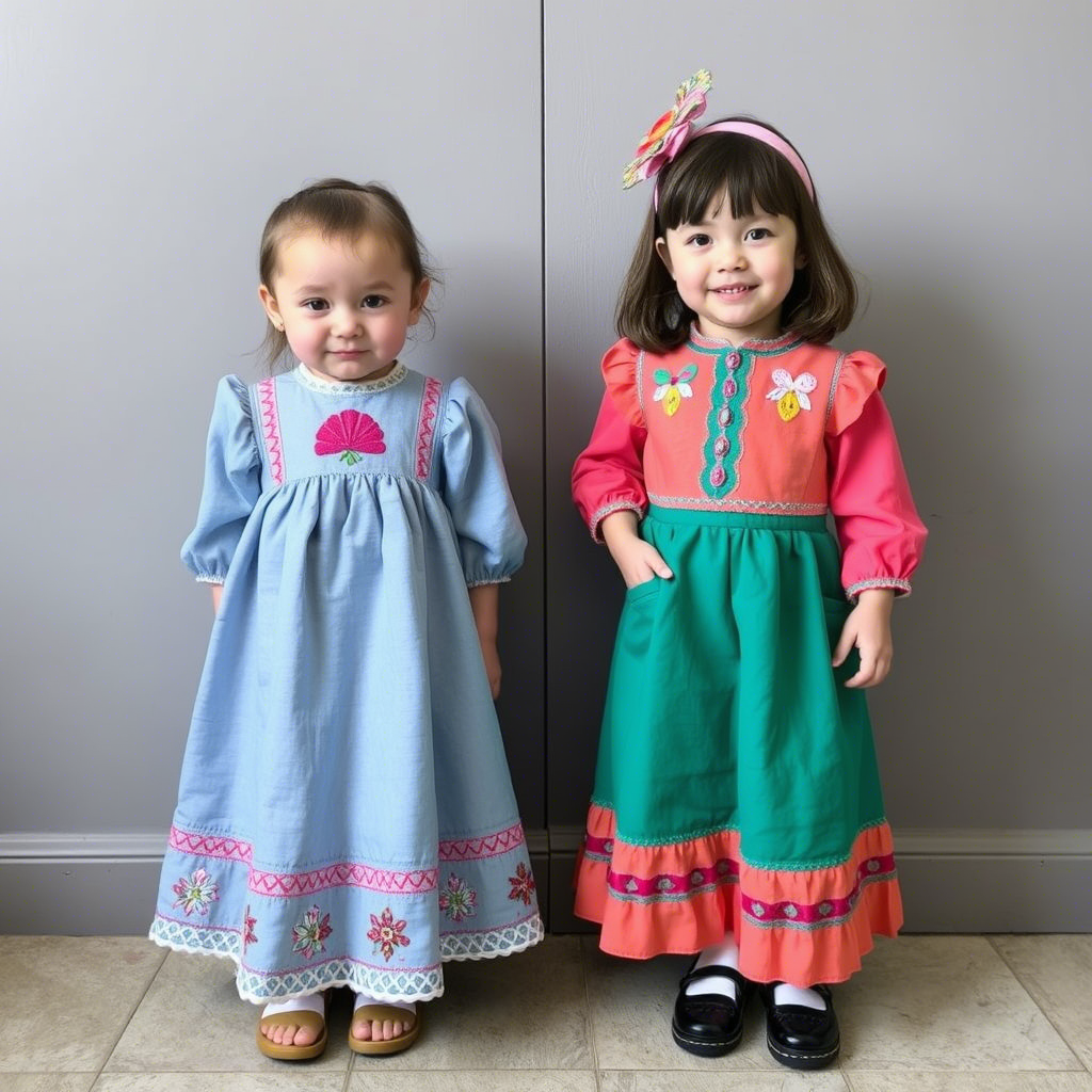 Colorful children’s outfits with personalized embroidery details