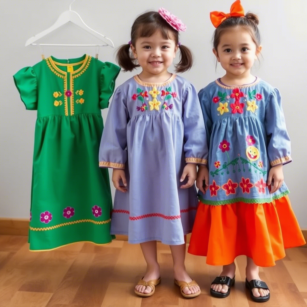 Colorful children’s outfits with playful embroidery designs