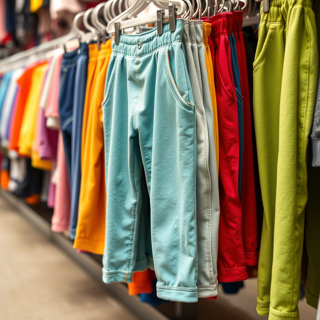 Colorful children’s pants hanging in a bulk clothing store