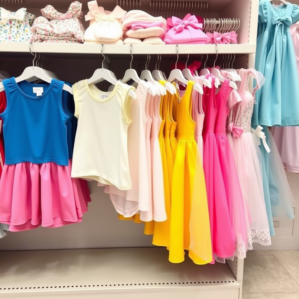 Colorful children’s tops and dresses arranged on a store shelf