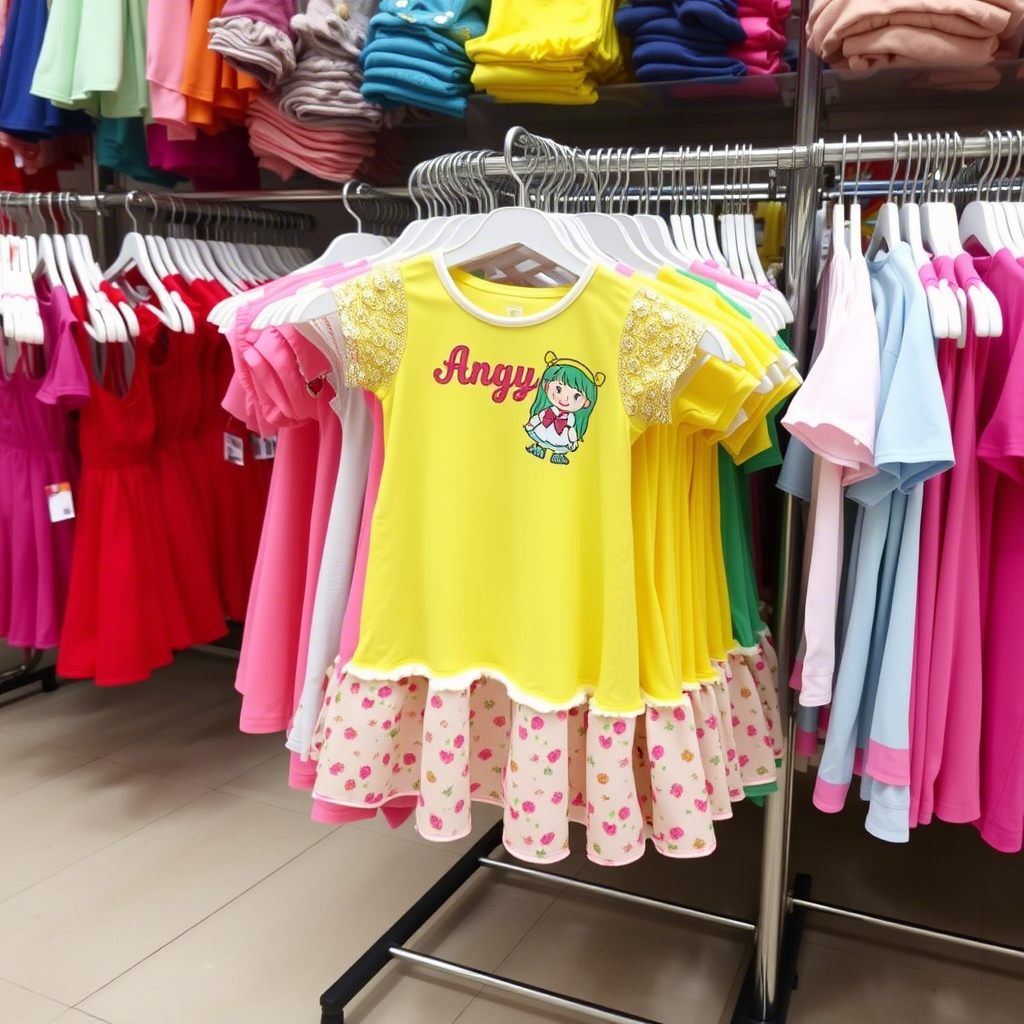 Colorful children’s wear displayed on racks in a bulk store