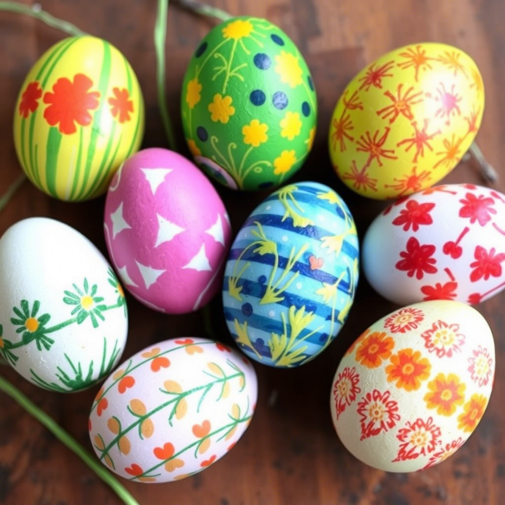 Colorful Easter eggs decorated with natural food coloring patterns