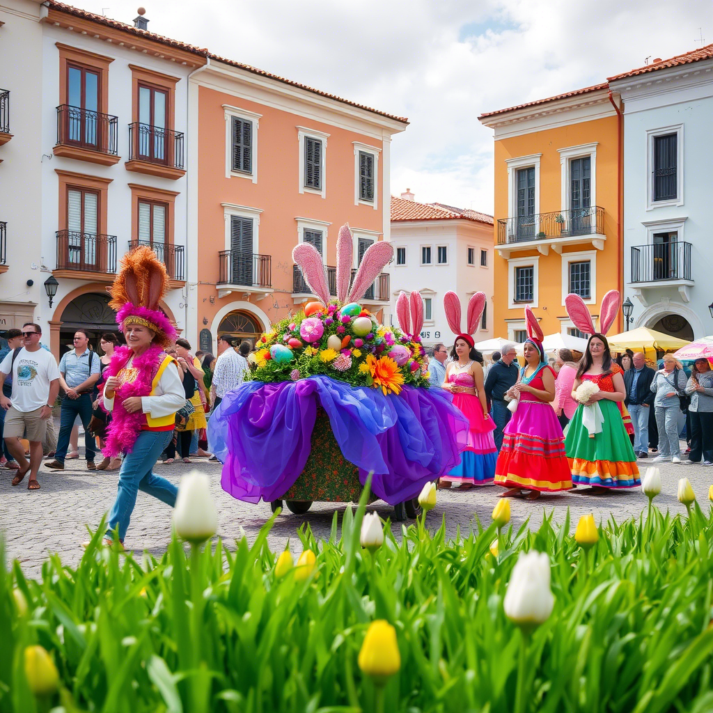 Colorful Easter procession in a Spanish town square