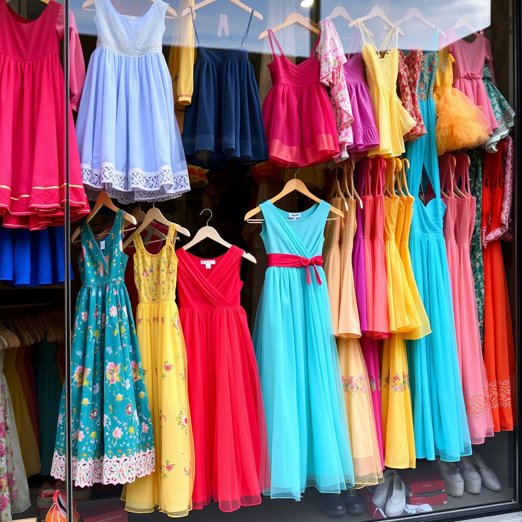 Colorful girls’ dresses hanging in a busy storefront