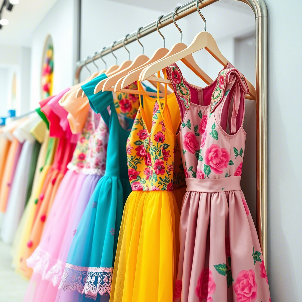 Colorful girls dresses hanging on a boutique store rack