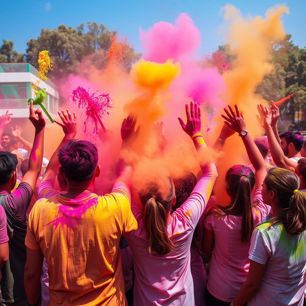 Colorful Holi festival with people throwing vibrant powders
