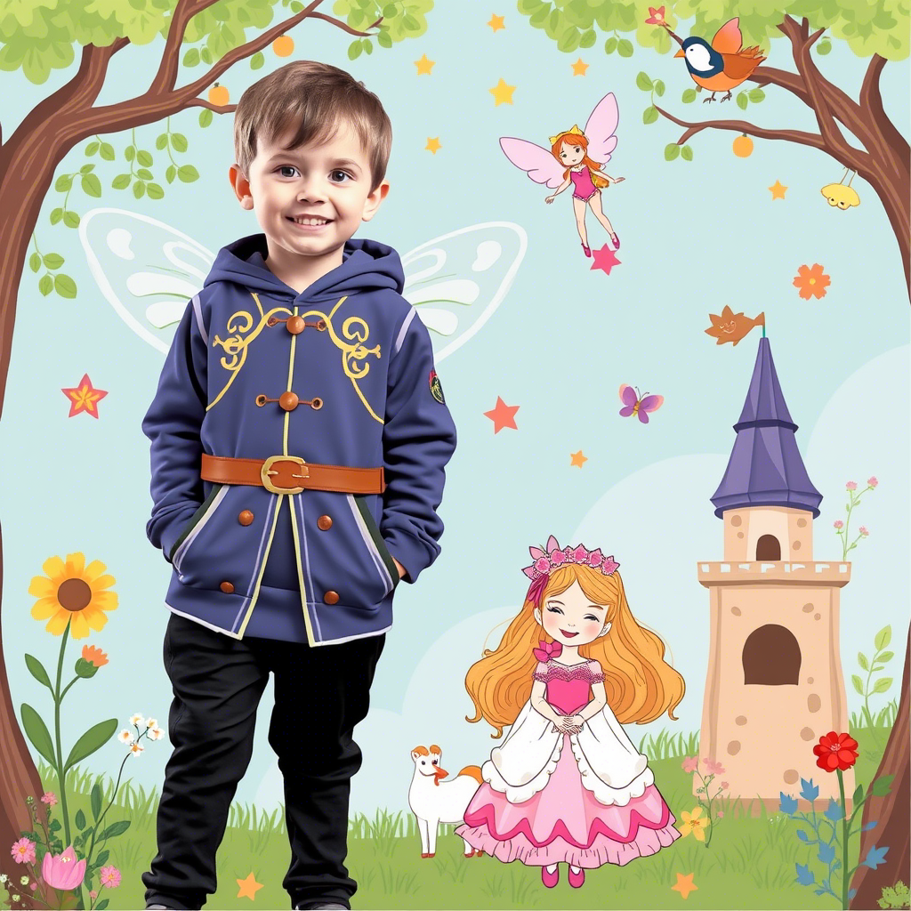 Colorful illustrations of children’s fairy tale characters on custom kids wear