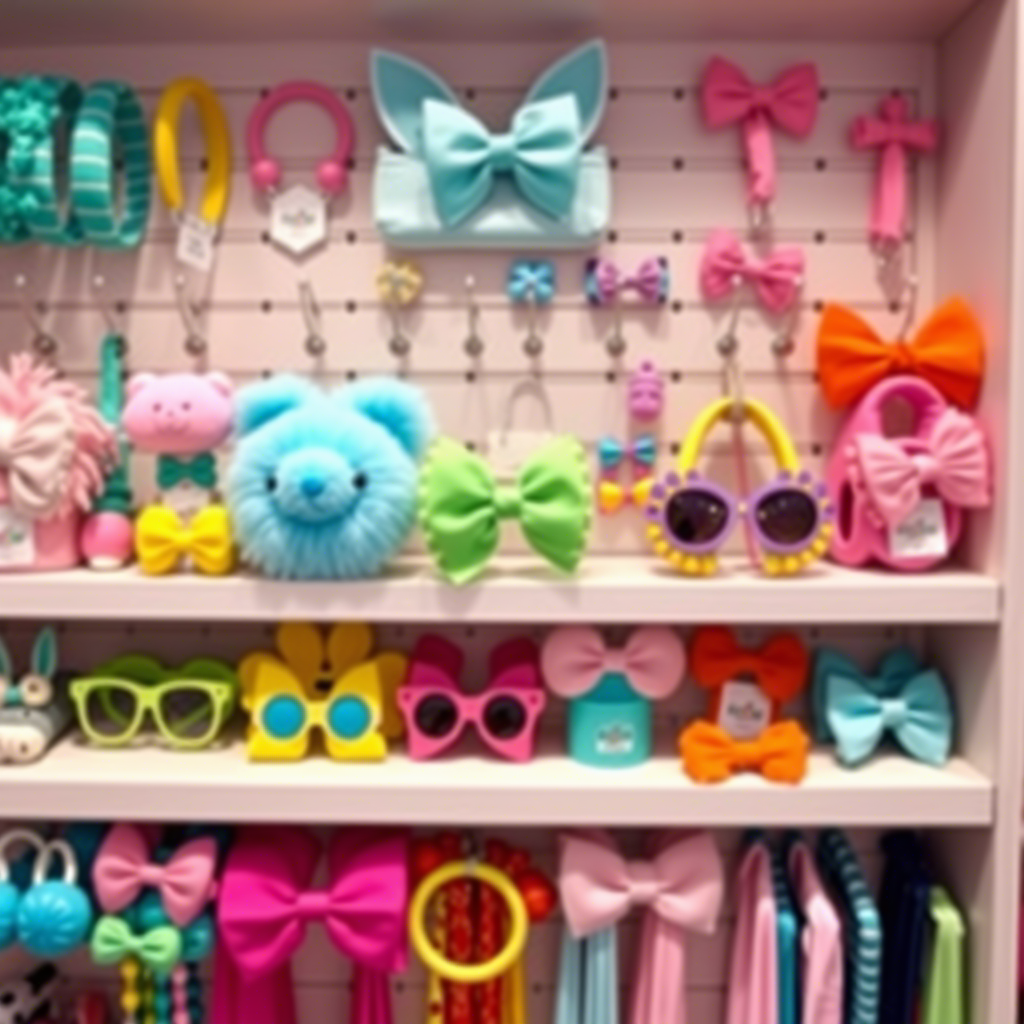 Colorful kids’ accessories displayed on a boutique shelf