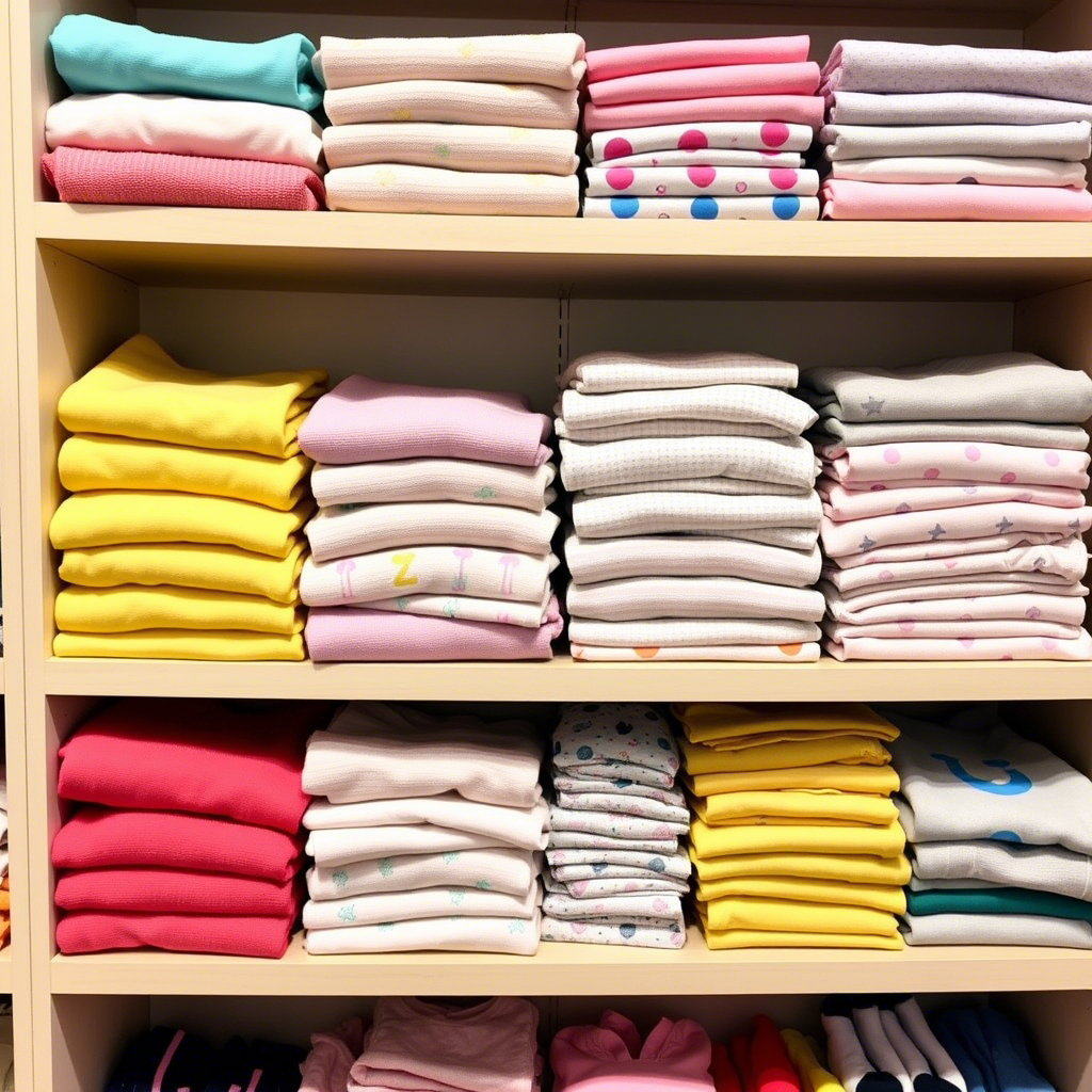 Colorful kids’ apparel bundles stacked on shelves