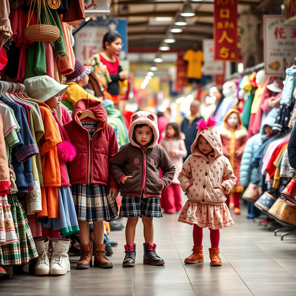 Colorful kids’ apparel displayed on a bustling marketplace