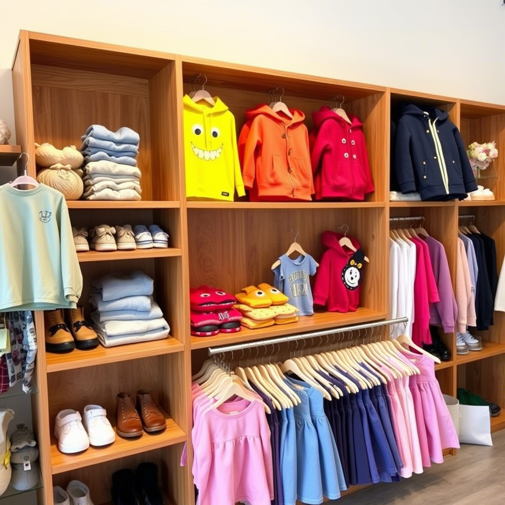 Colorful kids apparel displayed on wooden shelves in a cozy boutique