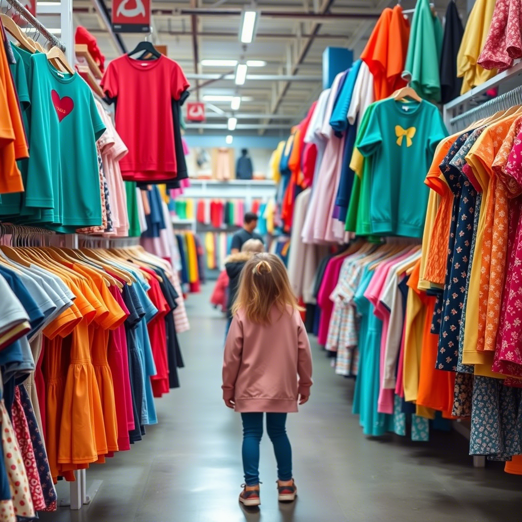 Colorful kids’ apparel hanging in a bustling fashion warehouse