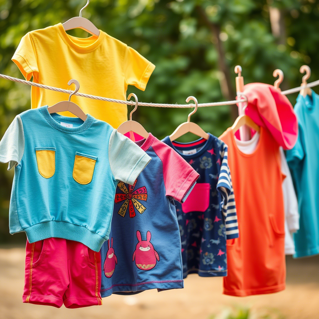 Colorful kids' apparel hanging on a clothing line