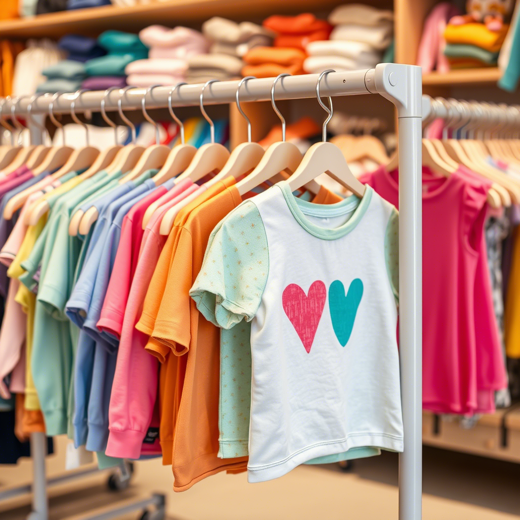 Colorful kids’ apparel hanging on a clothing rack in a store