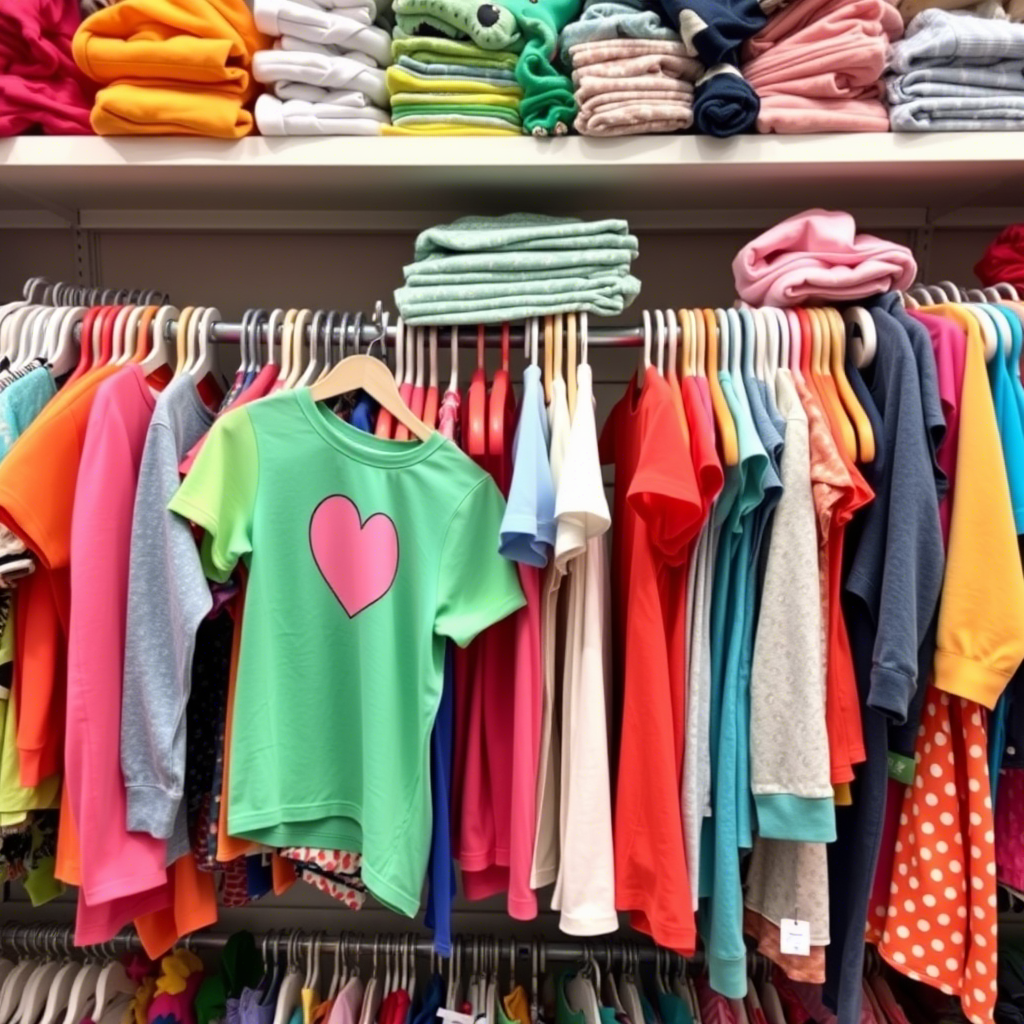 Colorful kids’ apparel hanging on a crowded clothing store shelf