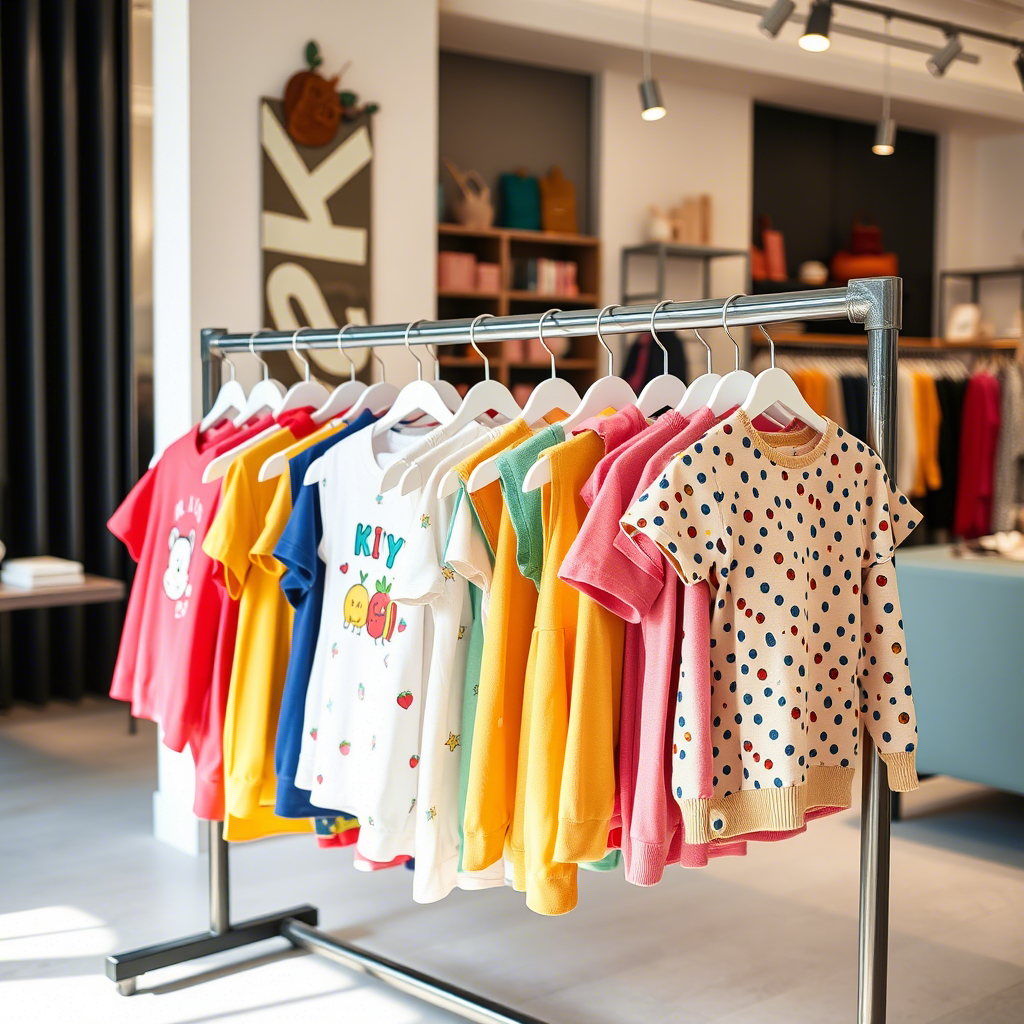 Colorful kids’ apparel hanging on a rack in a trendy retail space