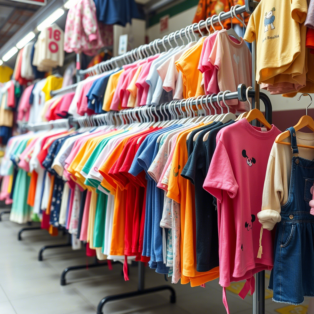 Colorful kids’ apparel hanging on racks in a Chinese wholesale market